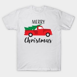 Merry Christmas with red vintage truck and tree T-Shirt